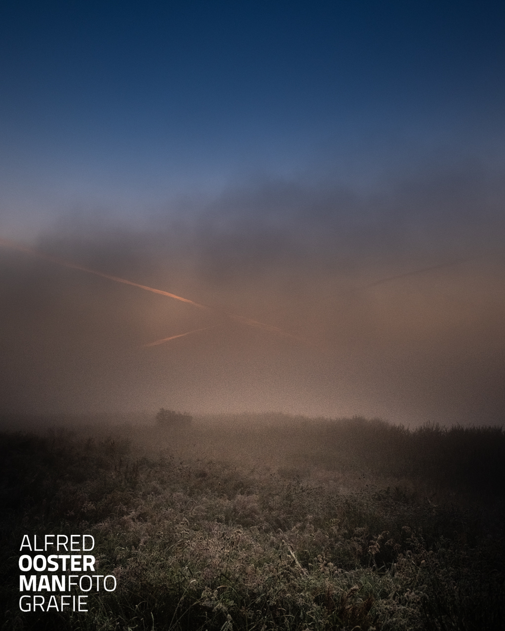 Het is 04.58.57 uur het duurt nog 20 minuten en 3 seconden voordat de zon zich boven de horizon laat zien. Vandaag is het mistig, het zal waarschijnlijk wat langer duren voor de zon zich boven de mist vertoont. De mist als een deken over de Onlanden, vijftig, misschien 70 meter kan ik vooruit kijken, door het lange natte gras vervolg ik mijn weg onder luid geluid van een wegvliegende fazant.
