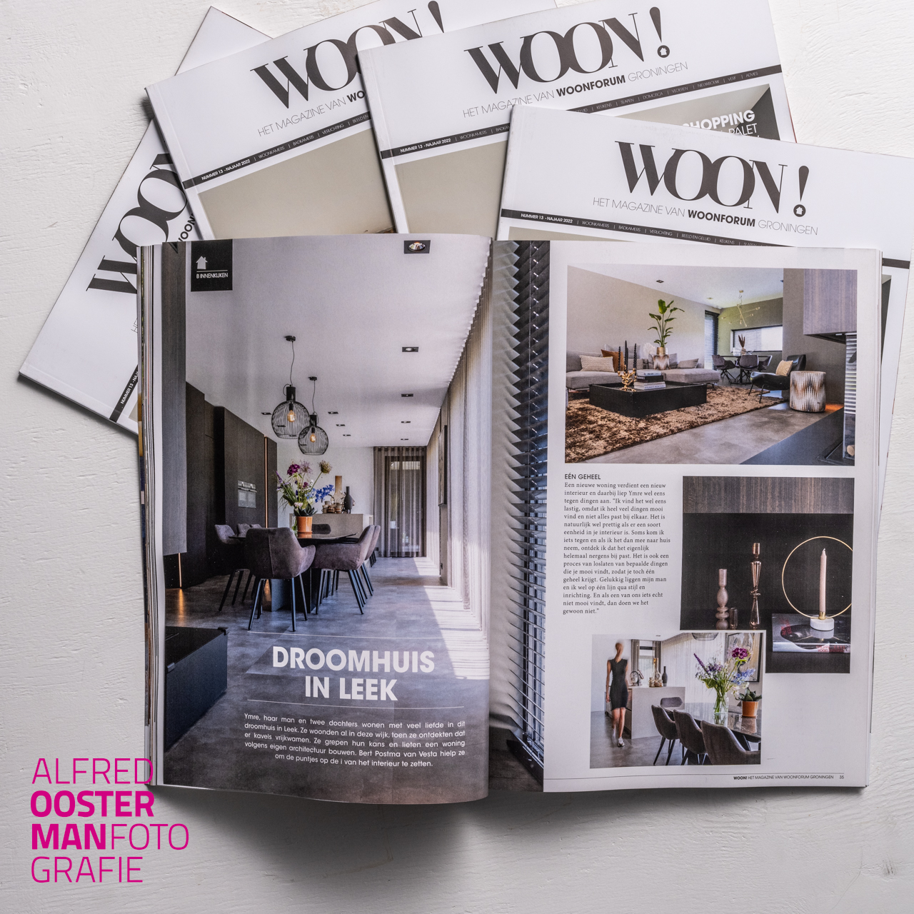WOON! Een fijn interieur waar je heerlijk kunt leven. Dit weekend kun je op op het gebied van wonen op de beurs Wonen & Co je hart ophalen. Dit jaar heeft Vesta Woonforum wat te vieren. Dit bedrijf uit Groningen bestaat dit jaar 90 jaar. In de zorgvuldig ingerichte stand besteden ze daar ook aandacht aan. De verschillende stijlen worden opvallend te gepresenteerd. Op de beurs is ook de net uitgekomen editie van het woonmagazine WOON! gratis mee te nemen. In deze editie staan ook foto's van mijn hand. Een woning in Leek waar Bert Postma van Vesta de puntjes op de i van het interieur heeft gezet. En ook een woning in een oude school waar Bram verantwoordelijk is voor de inrichting. Het beeld dat door Vesta wordt neergezet ziet er verzorgd uit, evenwichtig, ontspannen. Ze zorgen al 90 jaar voor een fijn interieur waar je heerlijk kunt leven.