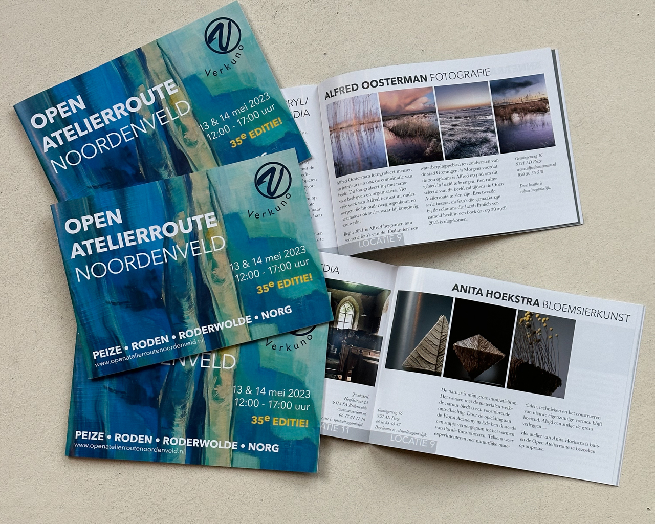 Je kijkt je ogen uit tijdens de Open Atelierroute Noordenveld. Op 20 locaties laten 26 kunstenaars zien wat ze in huis hebben. Ruimtelijk werk, schilderijen, fotografie en textiel zijn maar enkele van de disciplines waarin werk te zien is. De kunstenaars laten vooral in eigen atelier hun werk zien, soms hebben ze ook kunstenaars te gast. Anita Hoekstra is gastexposant in mijn studio. Daarnaast is ook in de kerk van Roderwolde, Peize en Norg veel moois te zien. In Kunstencentrum K38 in Roden is een retrospectief tentoonstelling en in de Paardenstal even buiten Peize is een overzichtstentoonstelling met werk van alle deelnemende Kunstenaars. Eigenlijk te veel om op te noemen in één alinea. Weet je wat, kijk je ogen uit op de website www.openatelierroutenoordenveld.nl